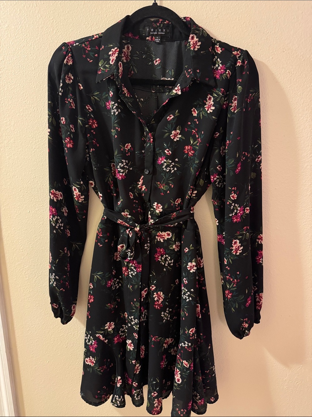 Trixxi Black Floral Button-Front Mini Dress with Tie Waist